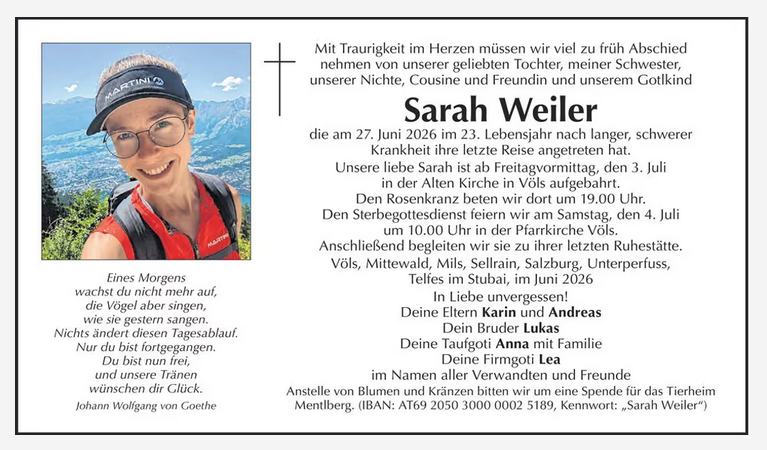 Traueranzeige Sarah Weiler